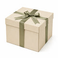 Boîte cadeau 20 x 20 x 18 cm en carton beige et vert avec couvercle et ruban décoratif