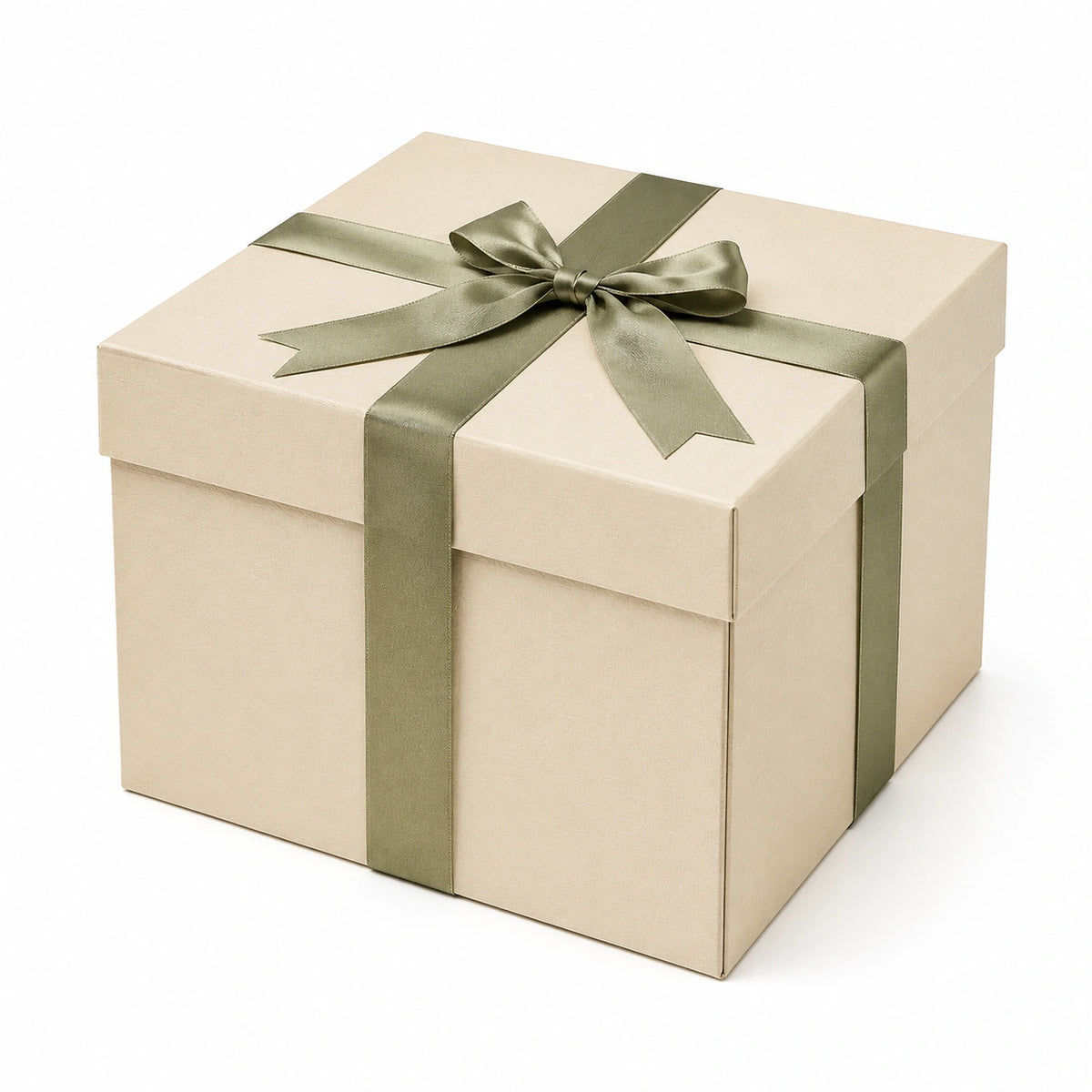 Boîte cadeau 20 x 20 x 18 cm en carton beige et vert avec couvercle et ruban décoratif