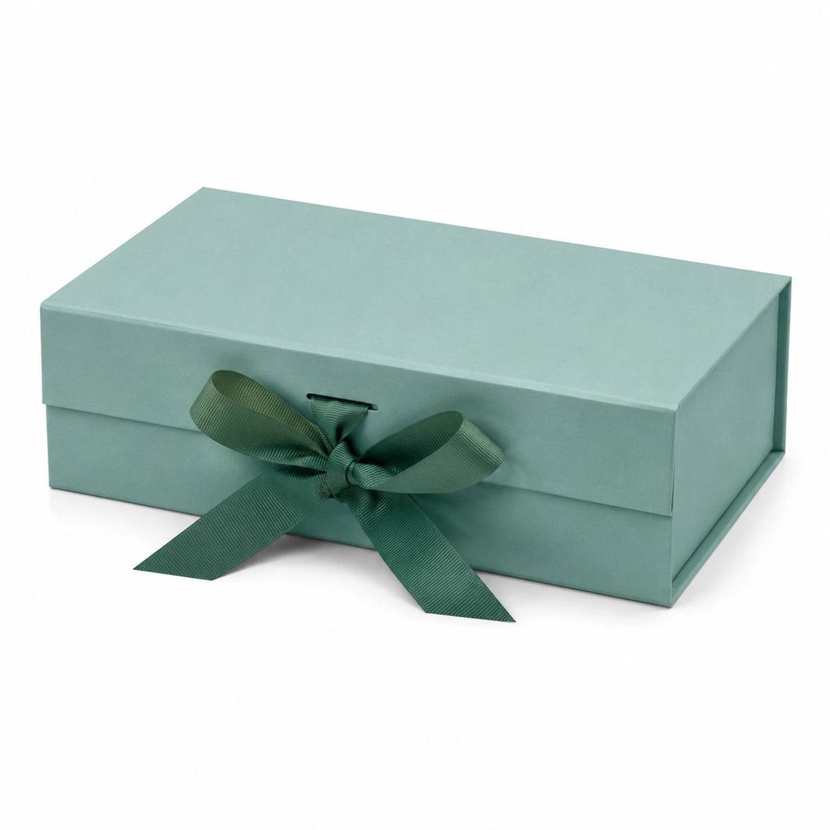 Boîte cadeau 25 x 18 x 8 cm en carton vert sauge avec ruban décoratif