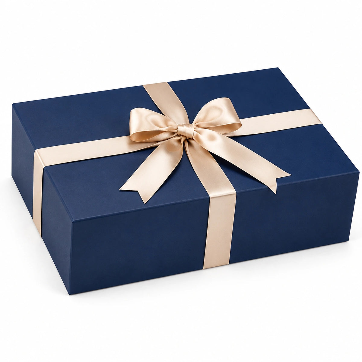 Boîte cadeau 30 x 22 x 10 cm en carton bleu marine avec ruban satin doré - coffret rectangulaire à couvercle