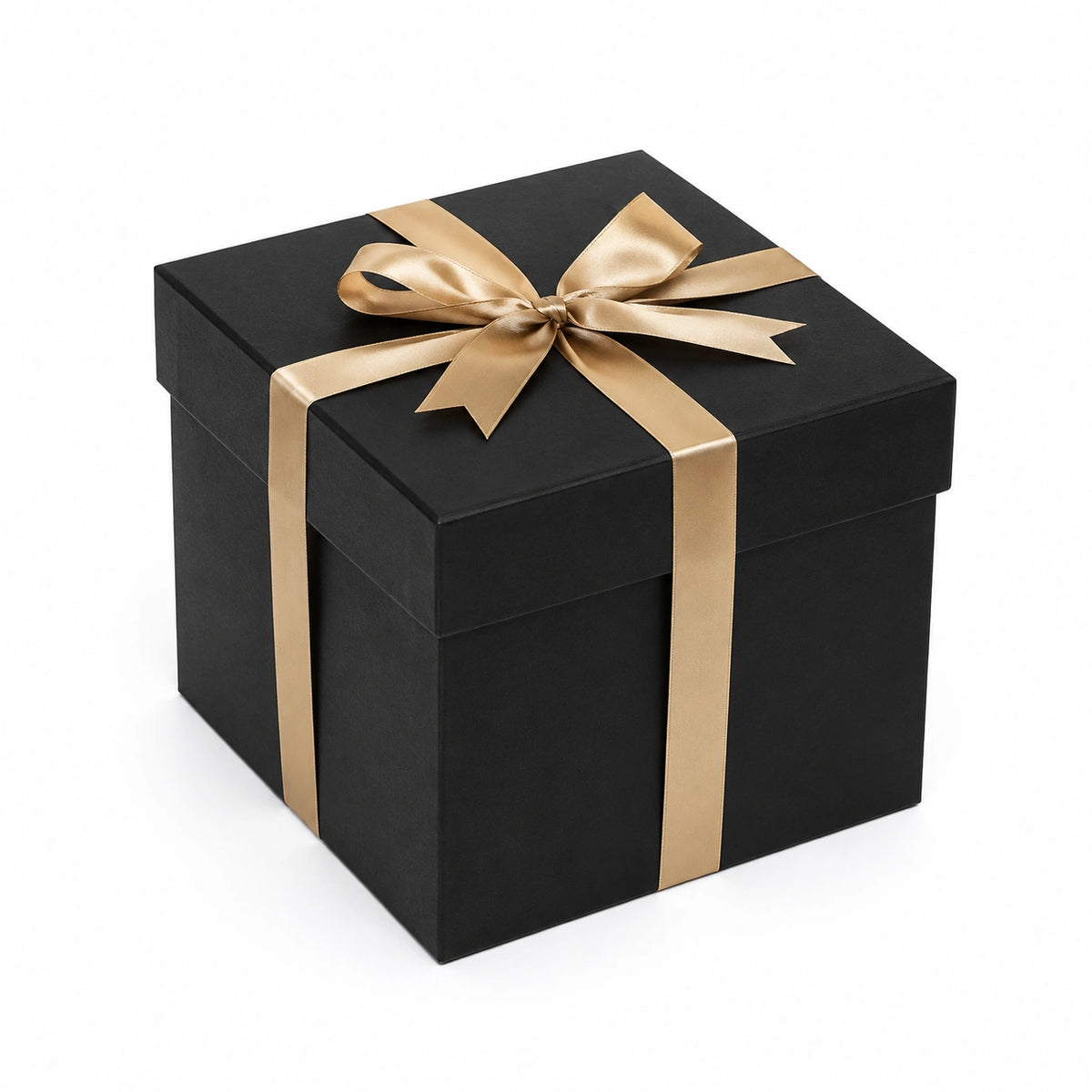 Boîte cadeau carrée 20 x 20 x 20 cm en carton noir et ruban doré avec couvercle