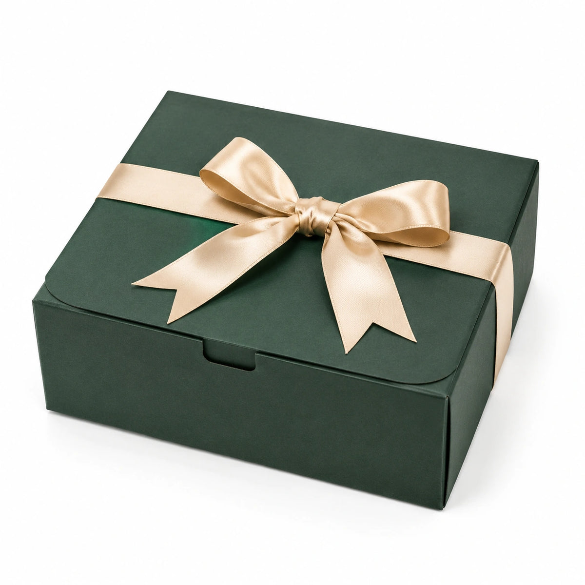 Boîte cadeau 25 x 20 x 10 cm en carton vert foncé avec ruban satin et nœud décoratif