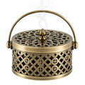 Brûle-encens rond 18 cm en métal doré ajouré avec couvercle style oriental