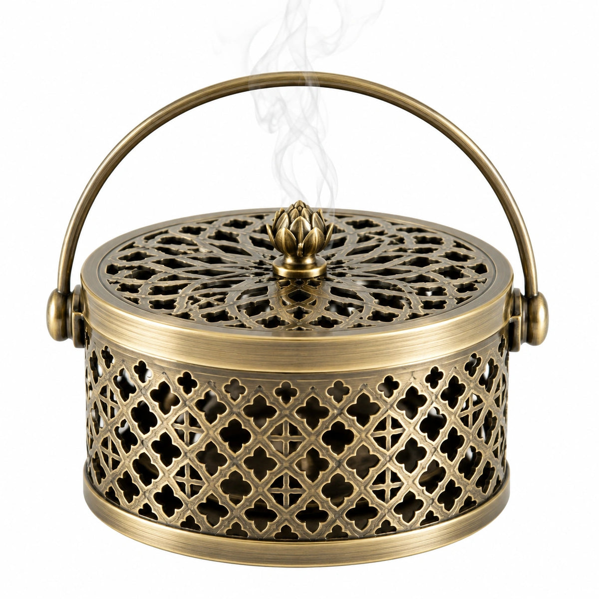Brûle-encens rond 18 cm en métal doré ajouré avec couvercle style oriental