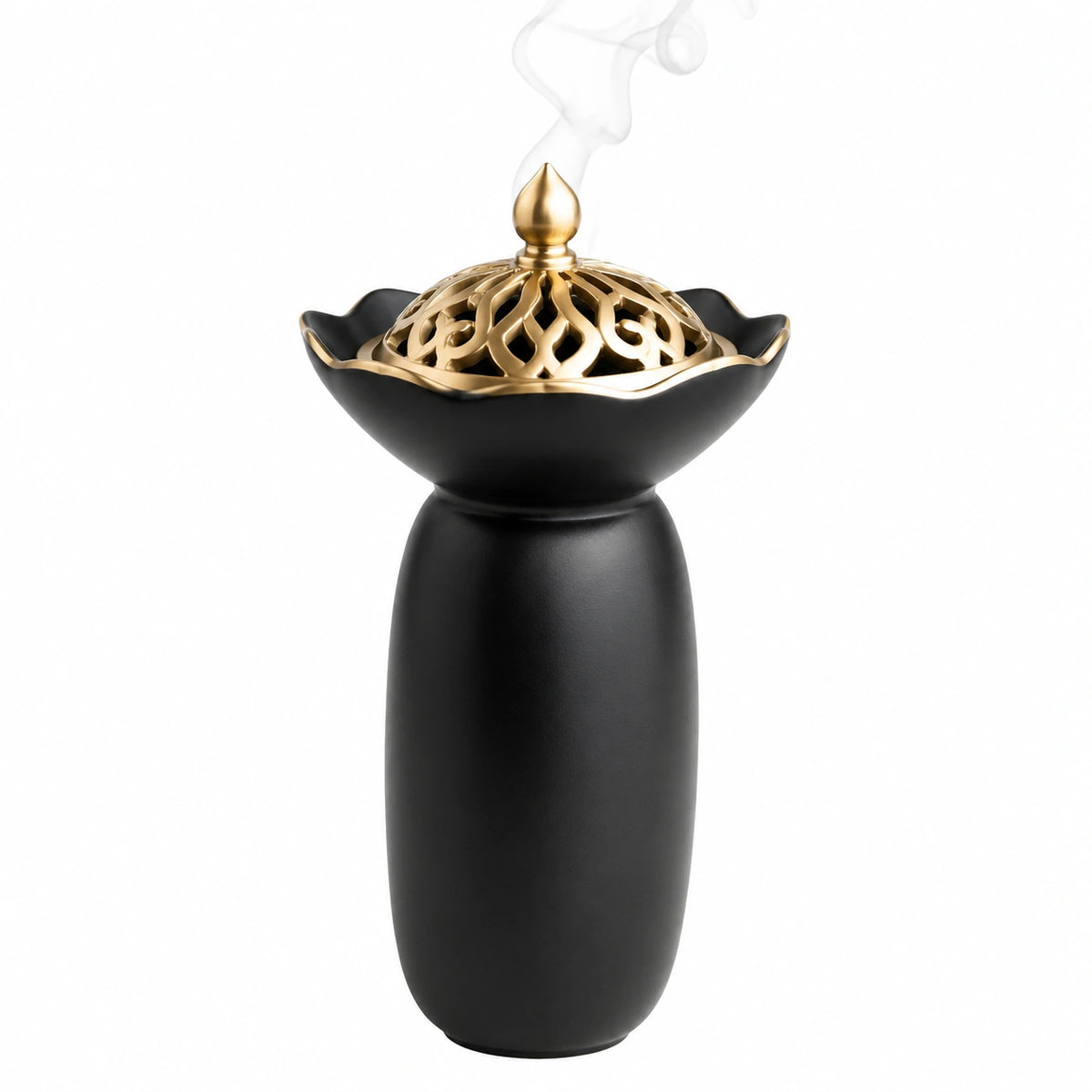 Brûle-parfum 14 x 14 x 26 cm en céramique noire et métal doré ajouré décoratif