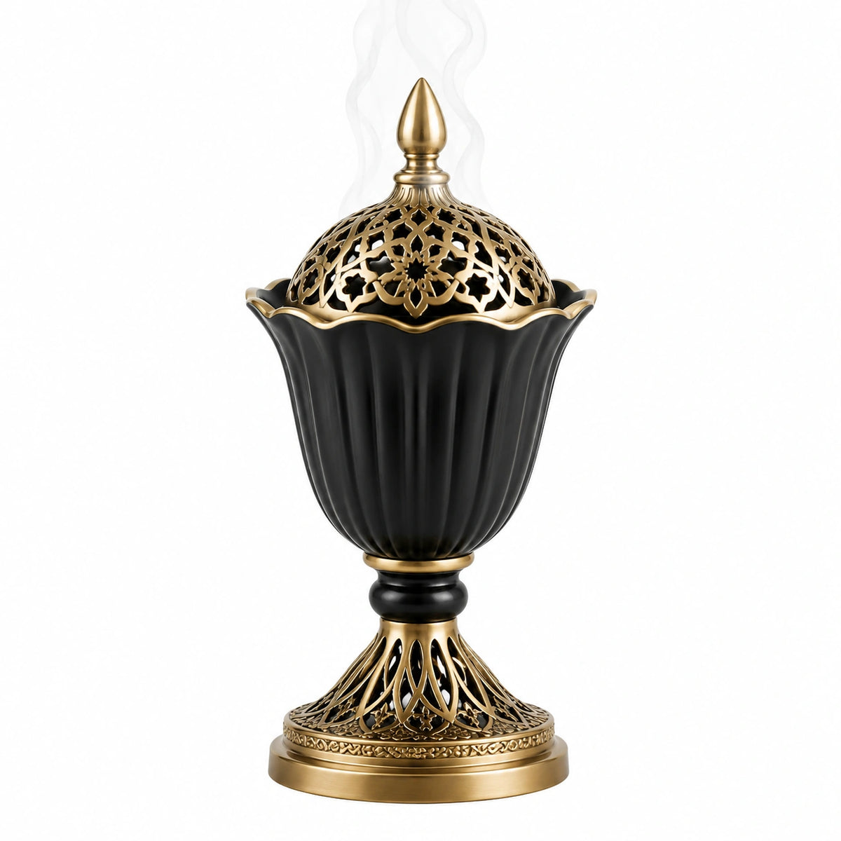 Encensoir 16 x 16 x 31 cm en céramique et métal noir doré pour encens style oriental ajouré