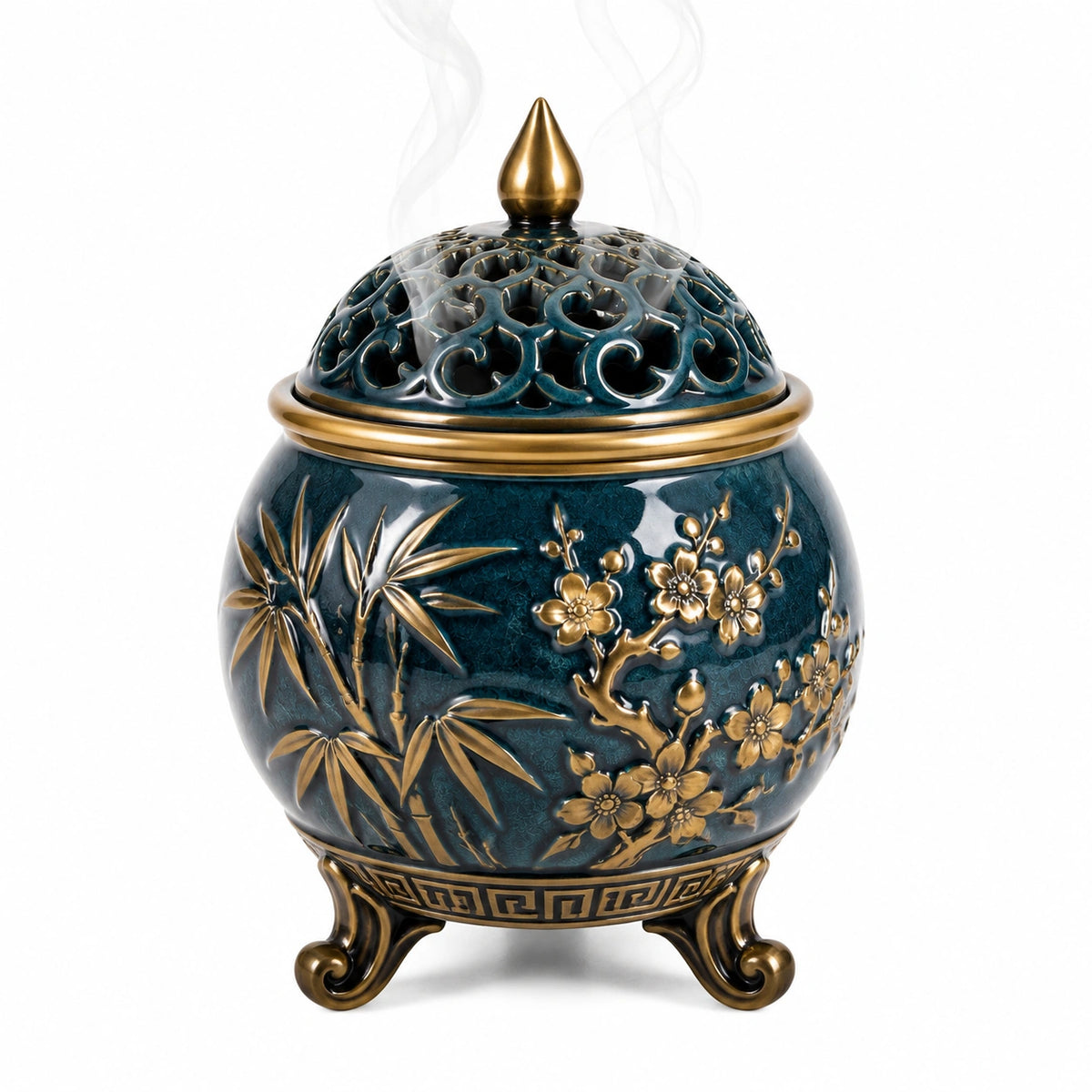Brûle-parfum décoratif en céramique bleu pétrole et doré Ø 18 cm hauteur 25 cm à couvercle ajouré