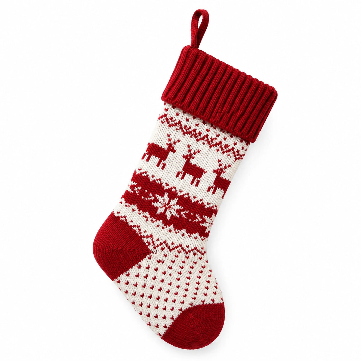 Chaussette de Noël 45 cm en maille rouge et blanc à motif renne - décoration à suspendre