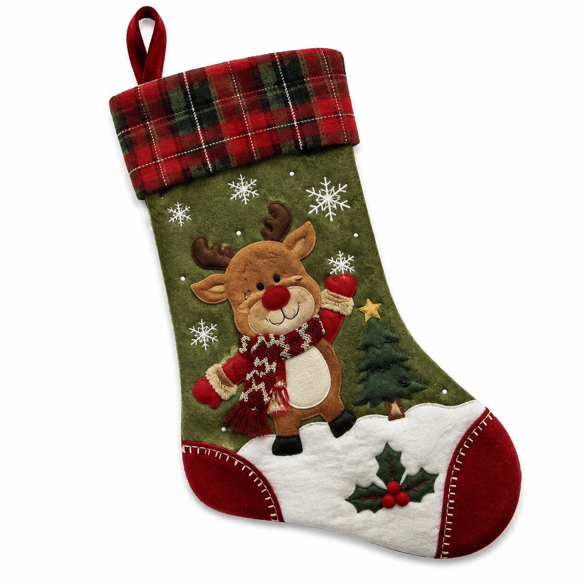 Chaussette de Noël 45 cm en feutrine rouge verte et blanche à suspendre motif renne