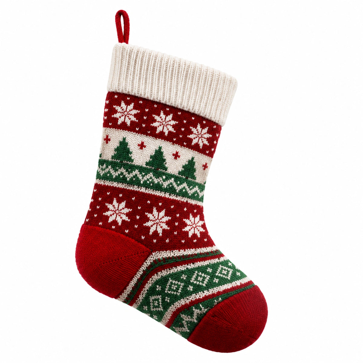 Chaussette de Noël 45 cm en textile tricoté rouge vert blanc à suspendre motif hivernal