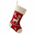 Chaussette de décoration 45 x 25 cm en textile tricoté rouge et crème à suspendre motif renne