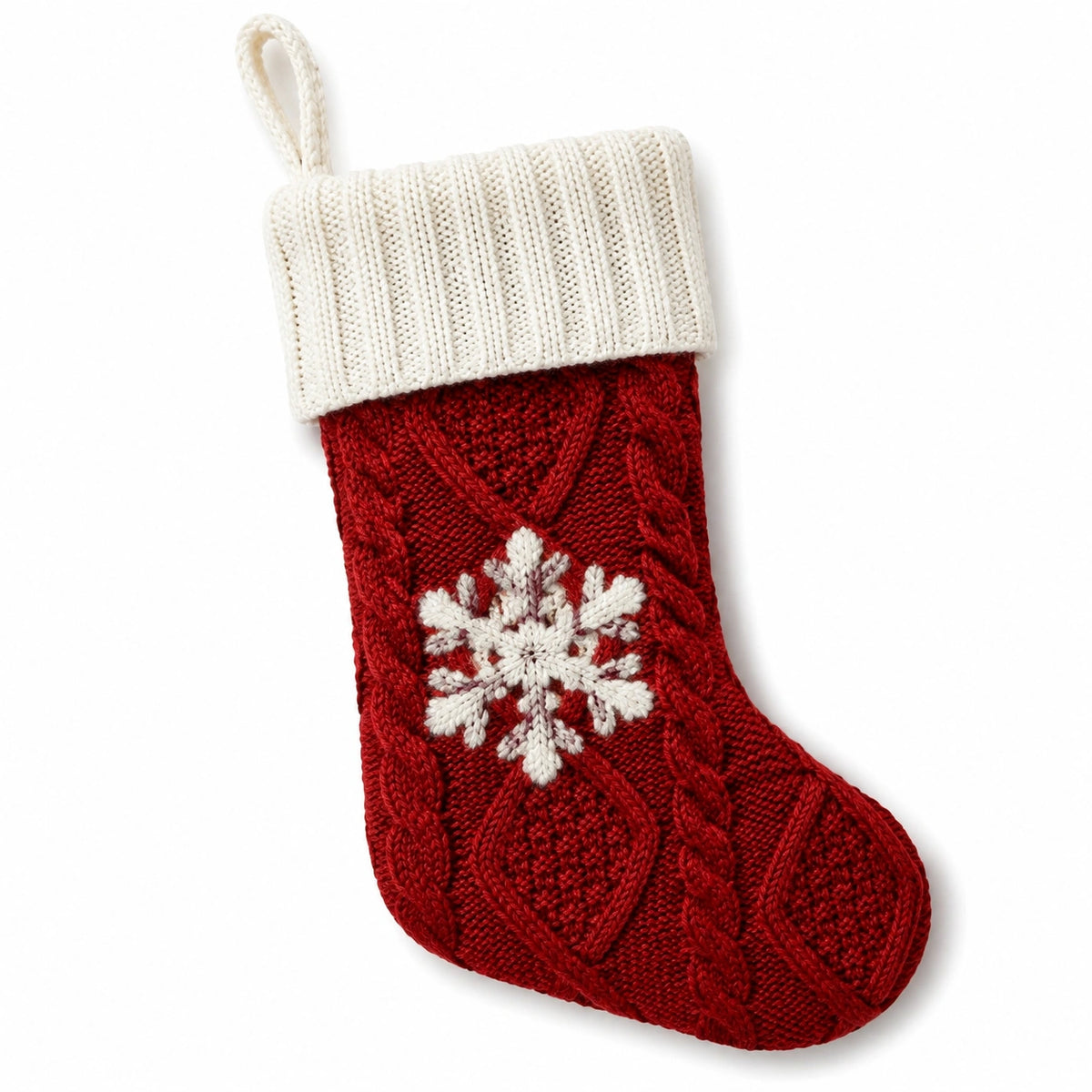 Chaussette de Noël 45 cm en textile tricoté rouge blanc à flocon pour décoration suspendue