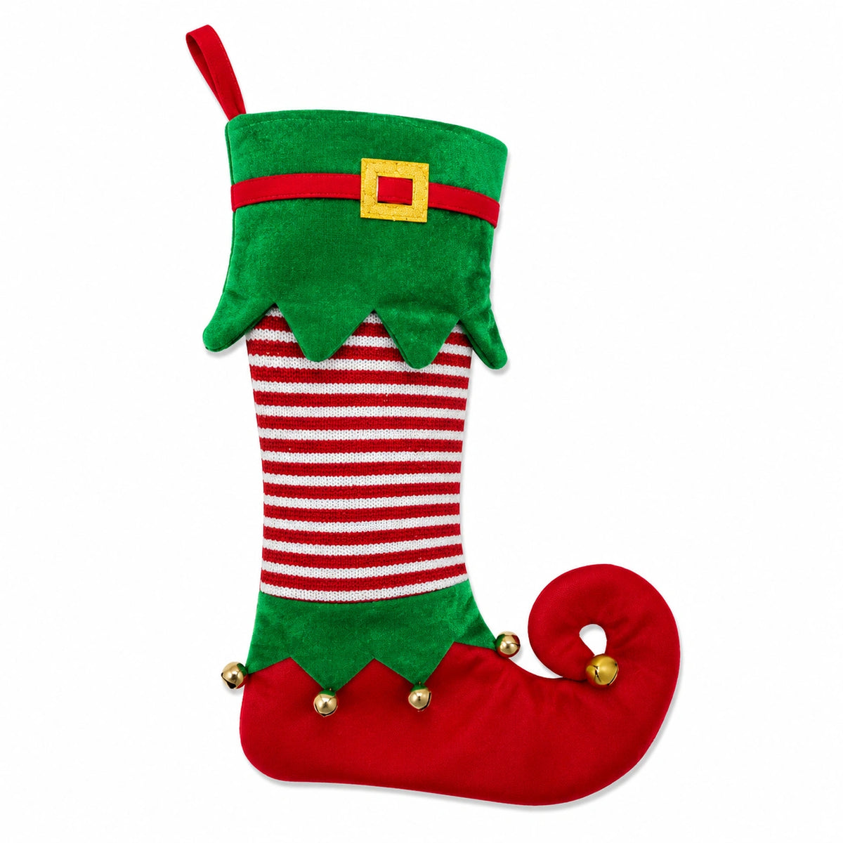 Chaussette de Noël taille unique en textile rouge vert blanc et doré à suspendre style lutin