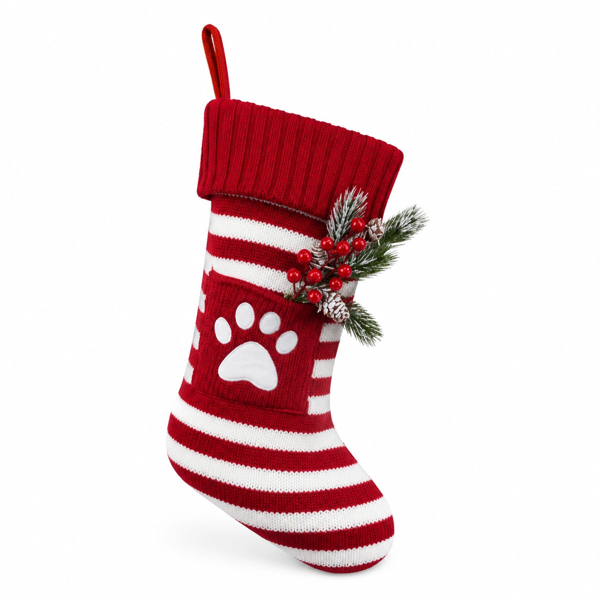 Chaussette de Noël 45 cm en textile tricoté rouge et blanc à suspendre avec motif patte