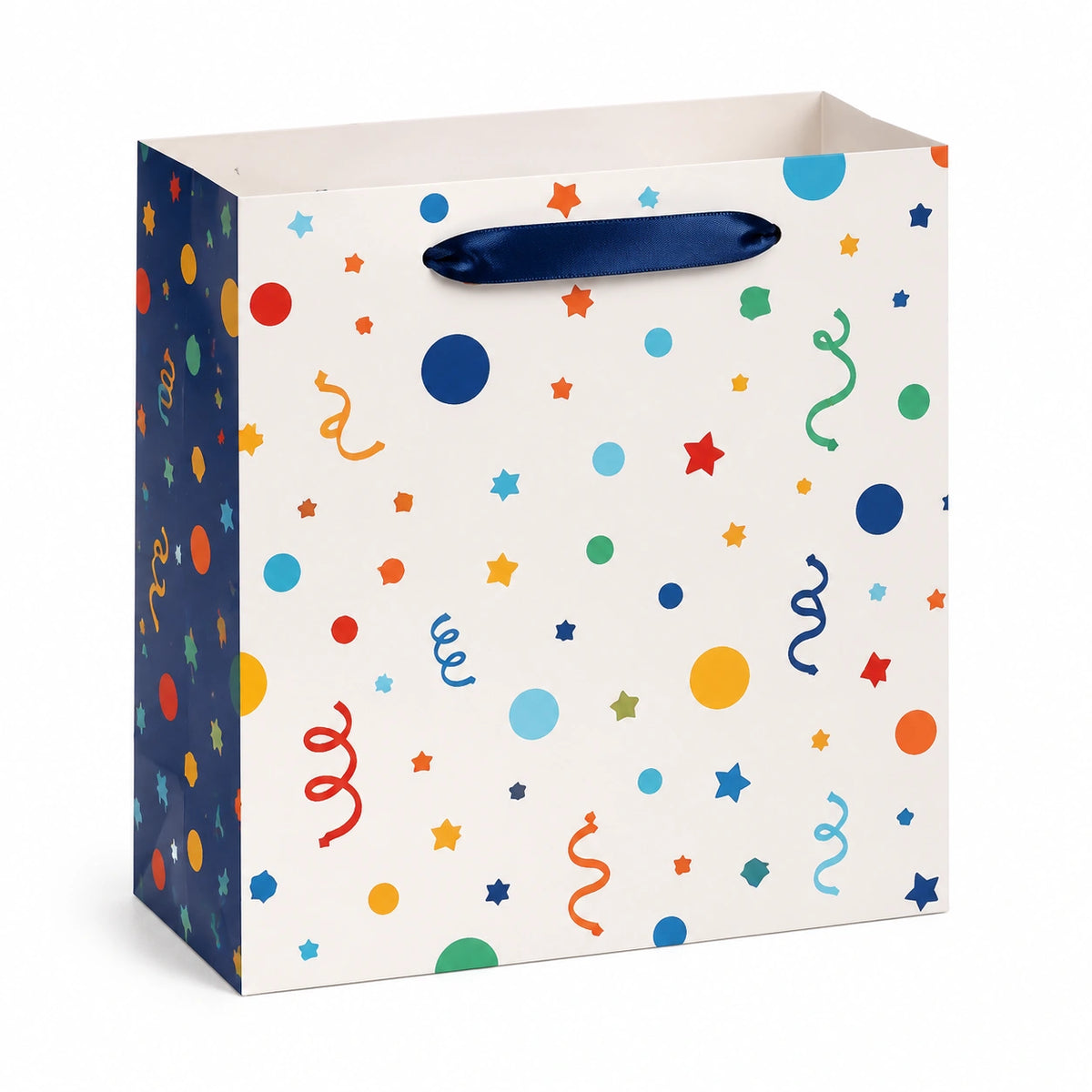 Sac cadeau 32 x 26 x 12 cm en papier blanc à motifs multicolores avec poignées ruban festif