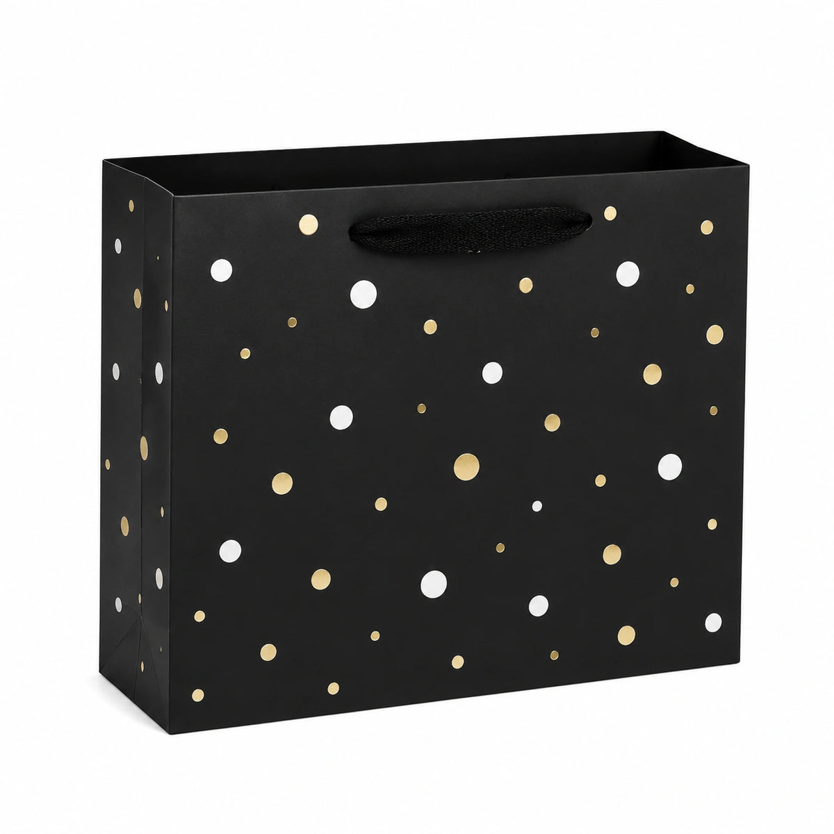 Sac cadeau en papier 32 x 12 x 26 cm noir à pois dorés avec poignées pour emballage festif