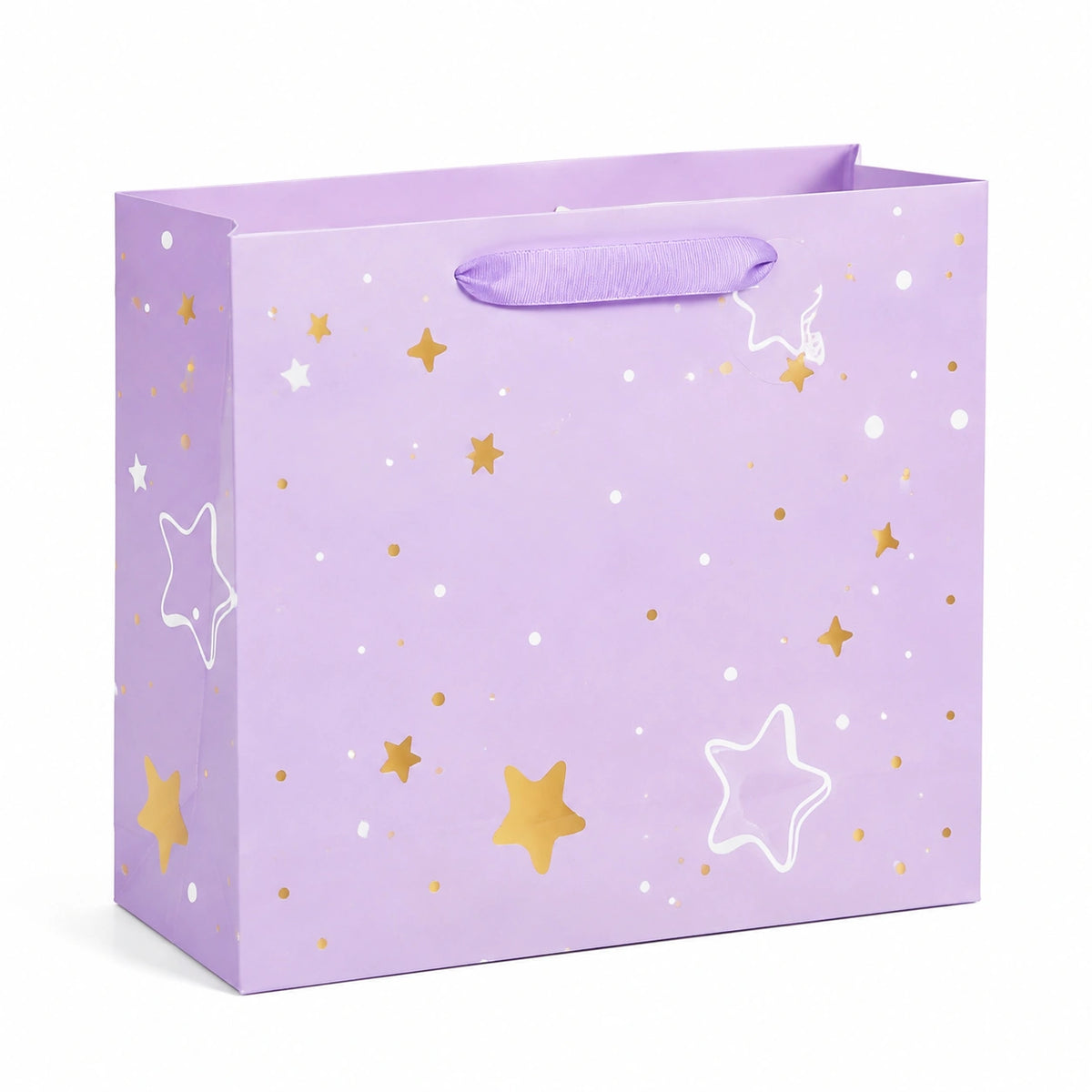 Sac cadeau 26 x 12 x 32 cm en carton violet à poignées ruban motif étoiles