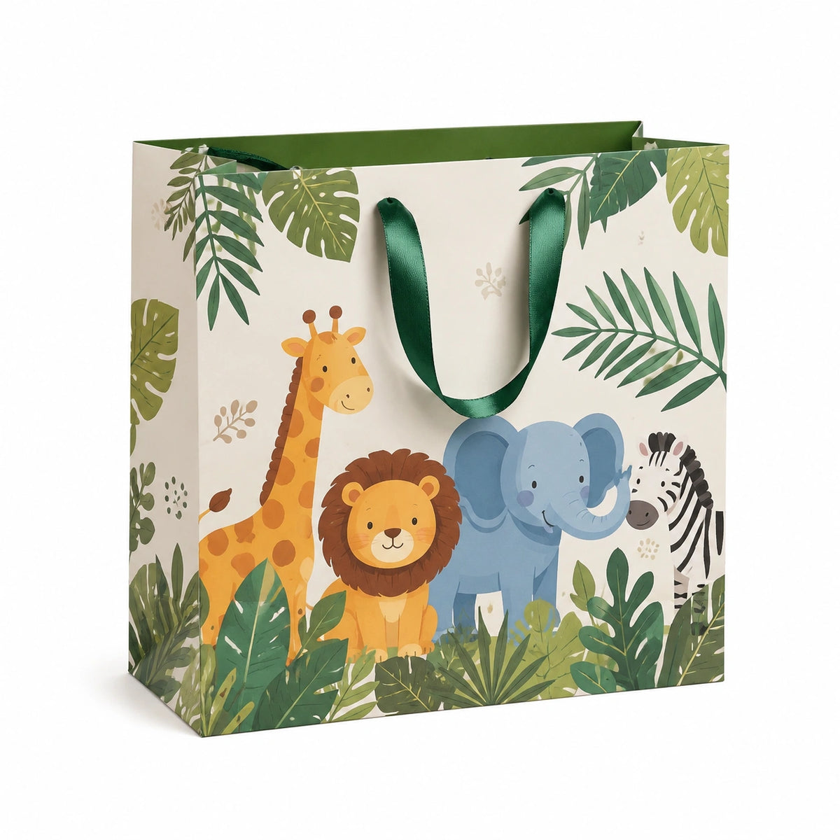 Sac cadeau 32 x 12 x 26 cm en papier cartonné beige vert à anses ruban motif jungle