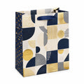 Sac cadeau 26 x 12 x 32 cm en papier bleu blanc doré à motifs géométriques avec anses
