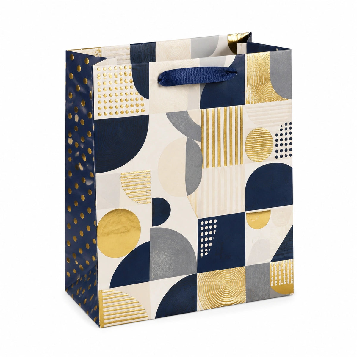 Sac cadeau 26 x 12 x 32 cm en papier bleu blanc doré à motifs géométriques avec anses